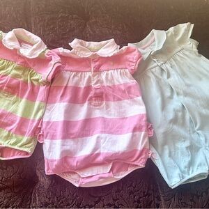 Ralph Lauren Pink and White Striped Polo Romper with Green Trim